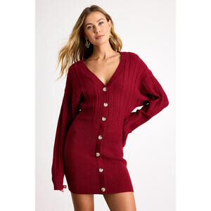 Lulus Bowyn Dark Red Cable Knit Button-front Sweater Mini Dress - Size XL